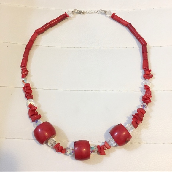 Red Coral & Crystal Chunky 19” Sterling Silver Necklace - Picture 7 of 7